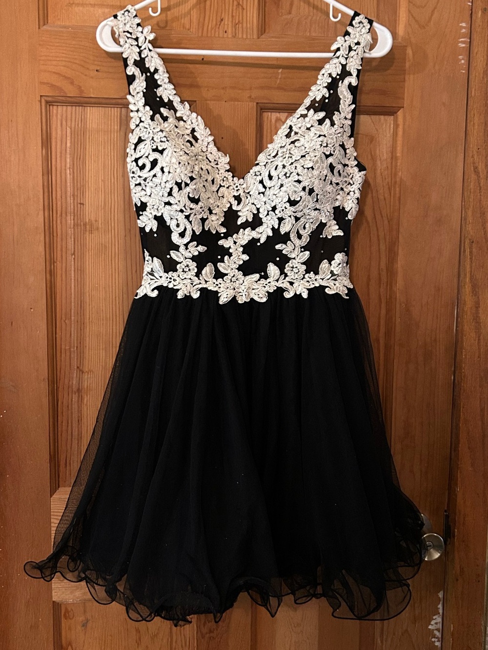 Blondie Nites Black Dress with White Lace Appliqué